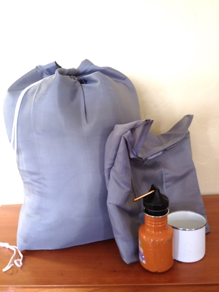 Sleeping bag stuffsack and camping meal kit made from an inexpensive shower curtain! by Jewels at Home