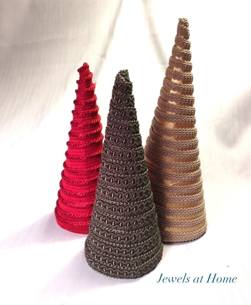 DIY Christmas trees made with braided trims.  Easy and elegant Christmas decor.  From Jewels at Home.