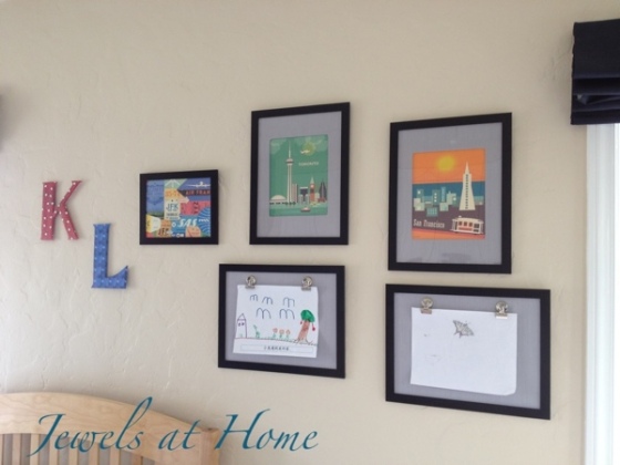 Kids' gallery wall with DIY initials and frames with clips to change art easily.  {Jewels at Home}